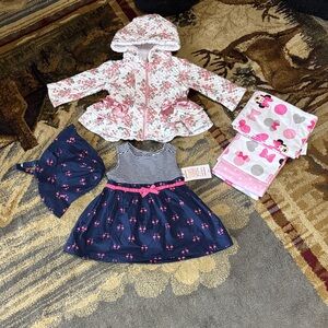 Disney Pink Flamingo, Floral Blanket, Jacket and Navy Dress Set 3-9 Months